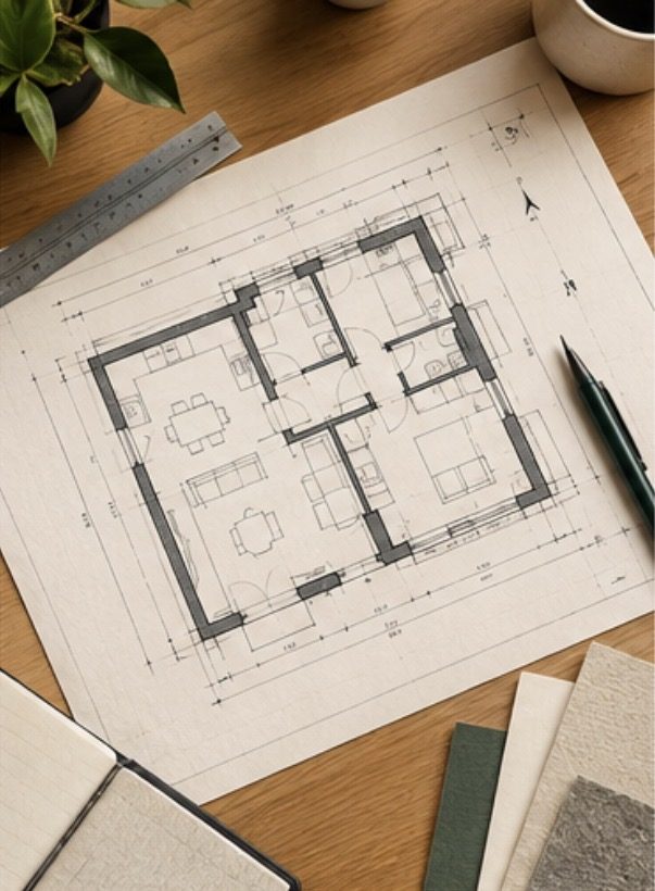 Plan d'aménagement esquissé sur une table, avec échantillons de matériaux