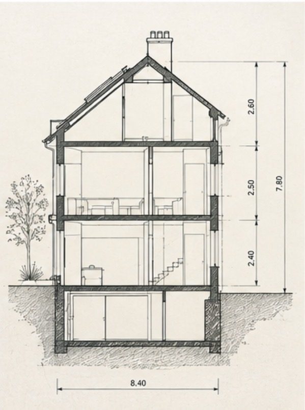 Coupe technique cotée d'une maison sur trois niveaux