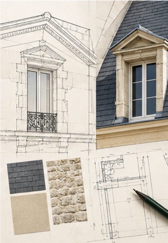 Détail de lucarne en pierre, dessin d'architecte et échantillons d'ardoise, de pierre et d'enduit