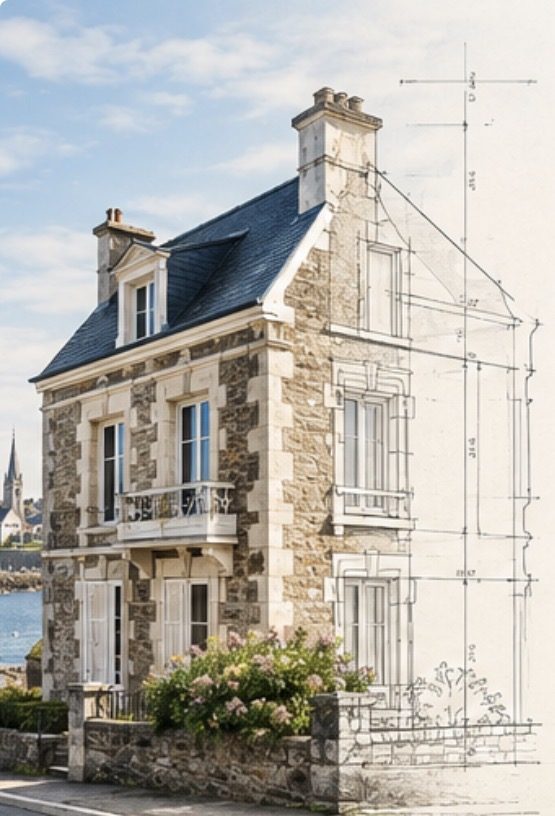 Maison de pierre à Granville, se prolongeant en dessin technique
