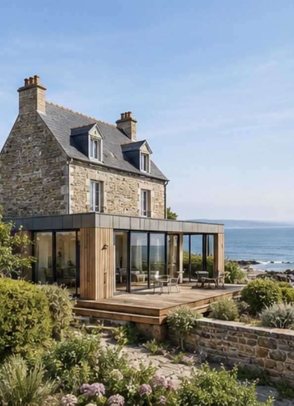 Maison de pierre agrandie d'une extension vitrée en bois, face à la mer
