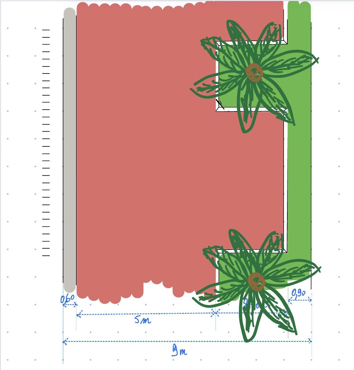 Plan de la terrasse coté à main levée