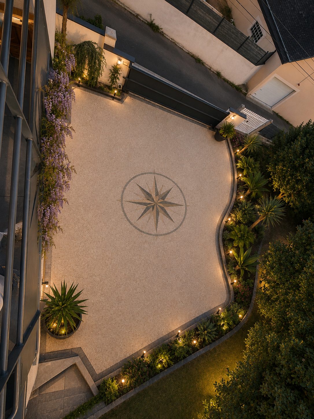 La cour vue du ciel, bordure courbe plantée